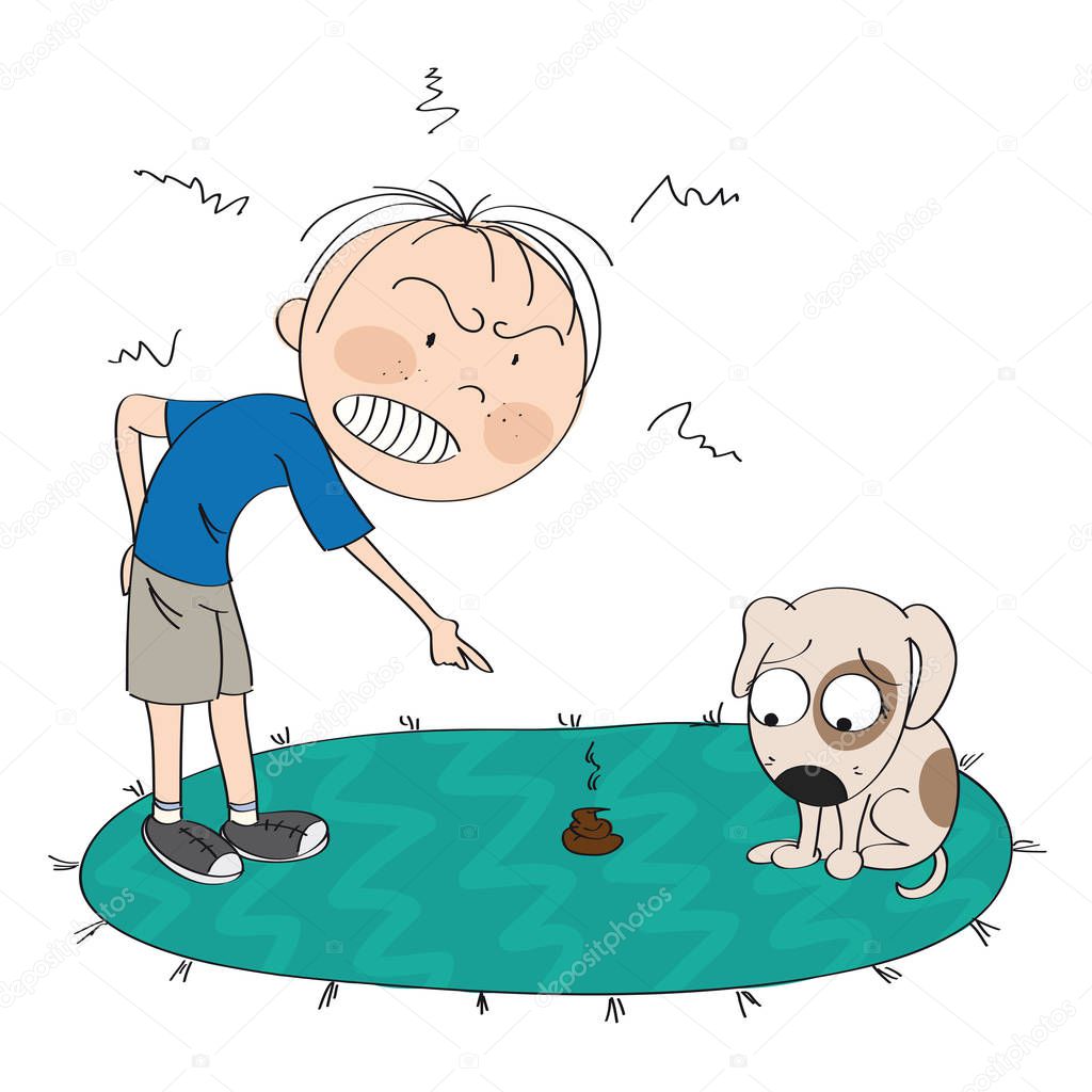 Boy or a man angry with his dog, pointing his finger at the poop on the carpet, puppy is looking sorry for his bad behavior  - original hand drawn illustration