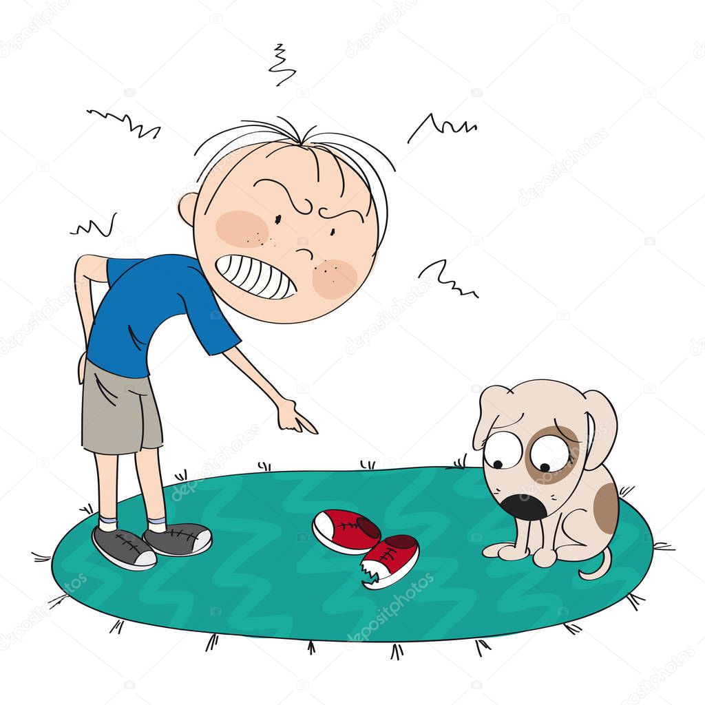 Boy or a man angry with his dog, pointing his finger at torn and chewed shoes, puppy is looking sorry for his bad behavior  - original hand drawn illustration