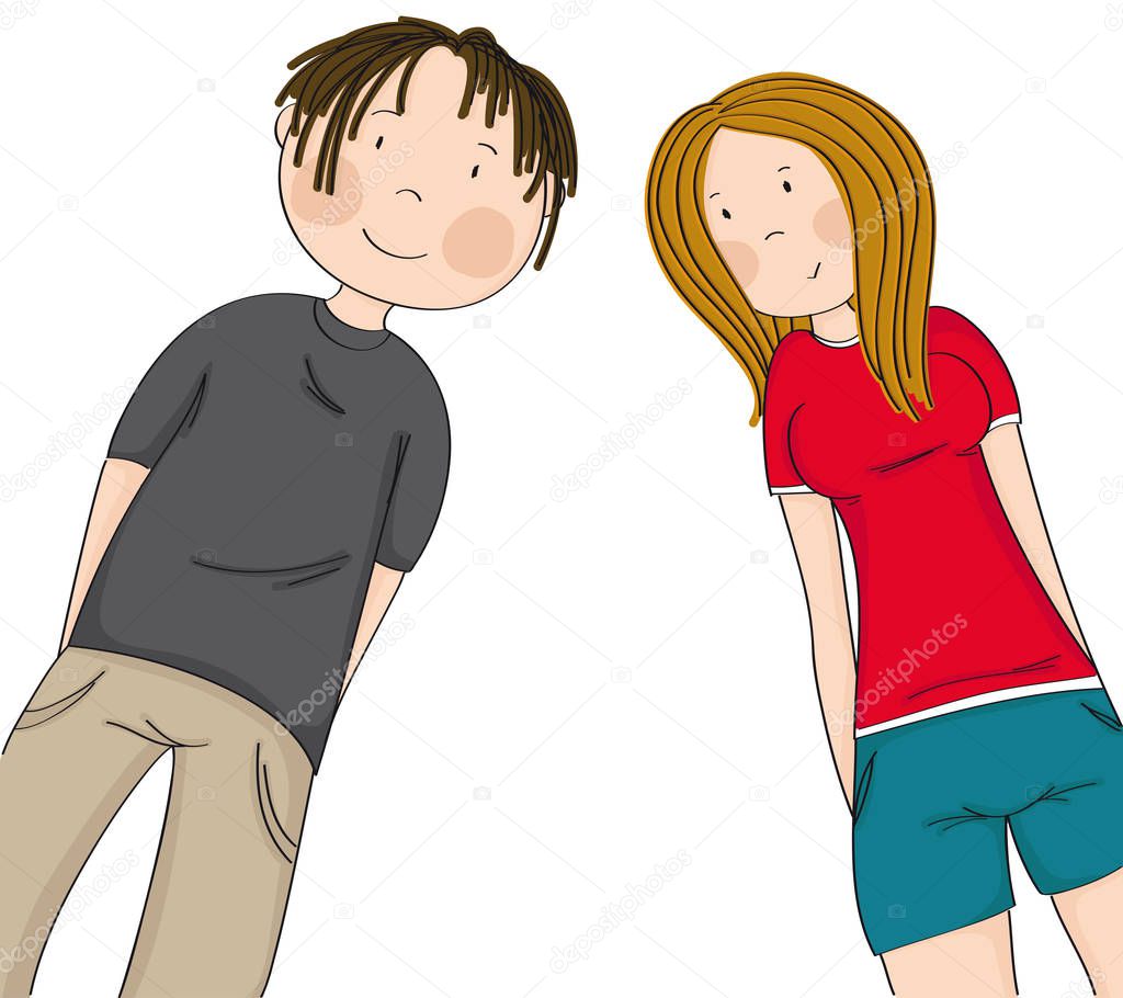 Two happy teenagers, boy and girl looking down at the camera and smiling - original hand drawn illustration