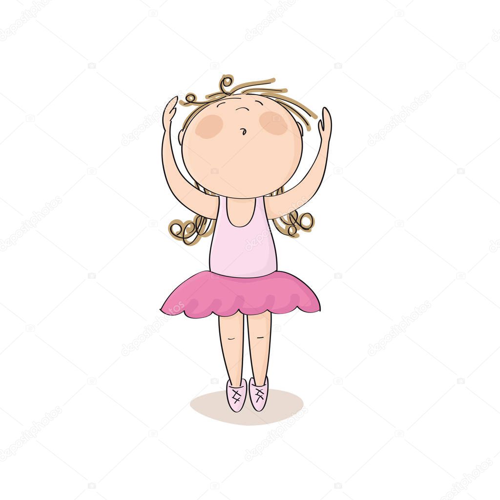 Cute little ballerina girl dancing on her toes with hands up in the air - original hand drawn illustration