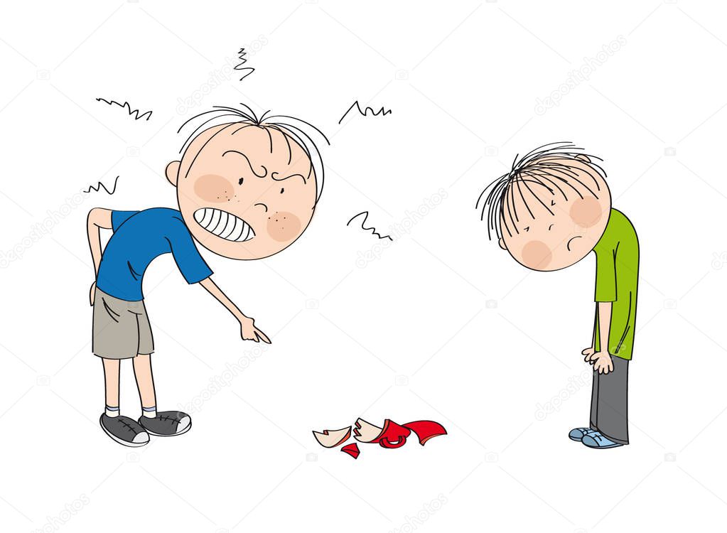 Father angry with his son, pointing his finger at broken cup on the floor, boy is looking sad, waiting to be punished  - original hand drawn illustration