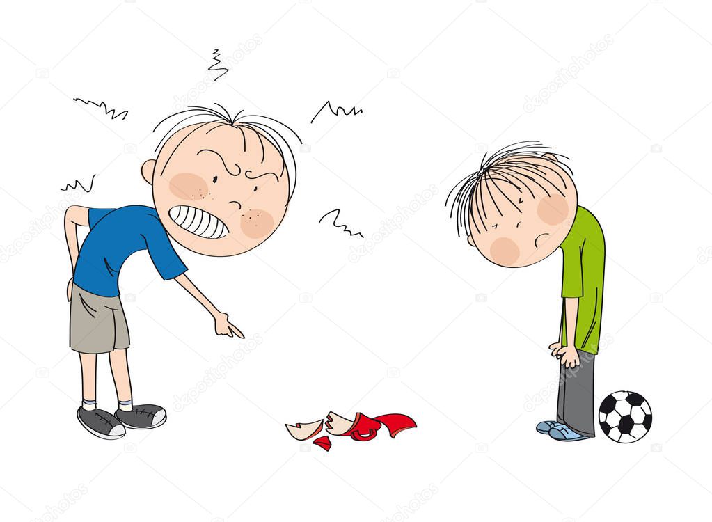 Father angry with his son, pointing his finger at broken cup on the floor smashed by football, boy is looking sad, waiting to be punished - original hand drawn illustration