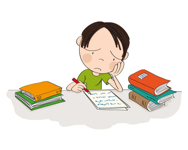 Garçon malheureux et fatigué se préparant pour l'examen scolaire, écrivant à la maison — Image vectorielle