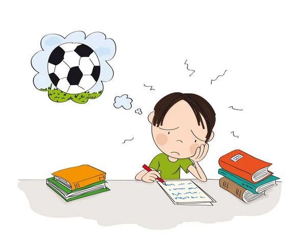 Нещасний і втомлений хлопчик готується до шкільного іспиту, пишучи домашню роботу — стоковий вектор