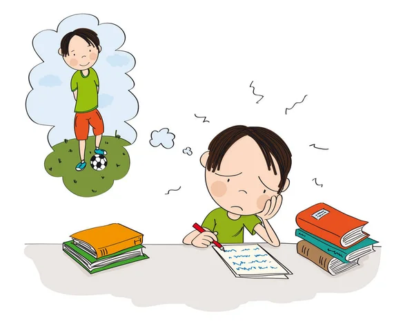 Unhappy and tired boy preparing for school exam, writing homewor — Stock Vector