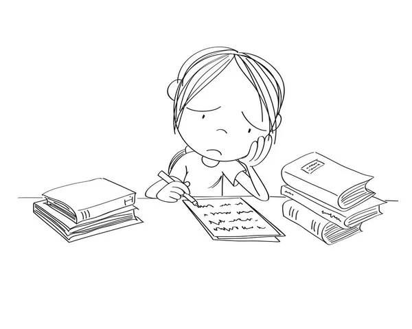 Chica infeliz y cansada preparándose para el examen escolar, escribiendo homewo — Vector de stock