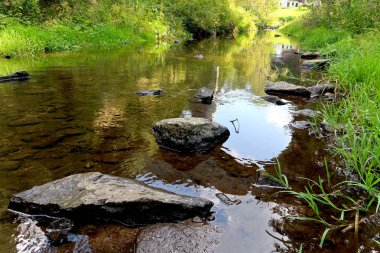 Büyük taşlar ile tembel akan dere. Çek Cumhuriyeti peyzaj SCE