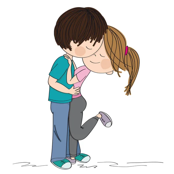 年轻的一对恋人站着, 拥抱和亲吻。原始 h — 图库矢量图片