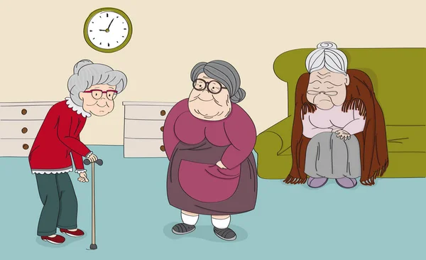 三个年长的女人, 老太太, 可爱的祖母在老年人 — 图库矢量图片