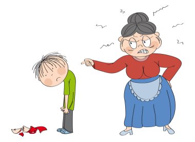 Yaşlı kadın, büyükanne, torununa kızgın, onu işaret eden.