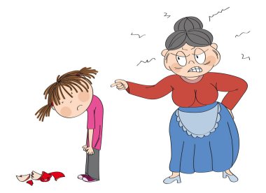 Yaşlı kadın, büyükanne, torunu onu işaret kızgın.
