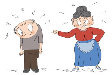 Eşler kavga veya aile içi şiddet kavramı. Yaşlı kadın öfke dolu, kocasına kızgın