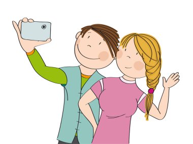Genç mutlu çift selfie çekiyor. Özgün el çizimi illüstrasyon