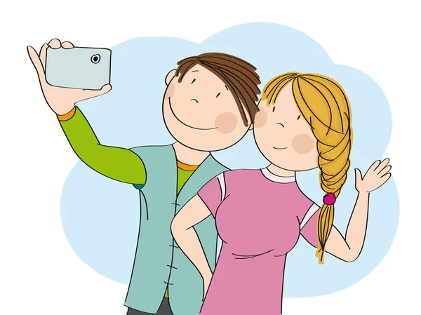 Joven pareja feliz tomando selfie. Ilustración dibujada a mano original . — Vector de stock