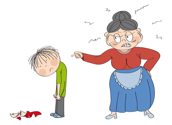老妇人，奶奶，愤怒与她的孙子，指着他. — 图库矢量图片
