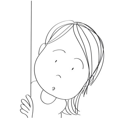 Küçük sürpriz kız duvar, köşe veya boş kağıt arkasından dışarı gözetleme.