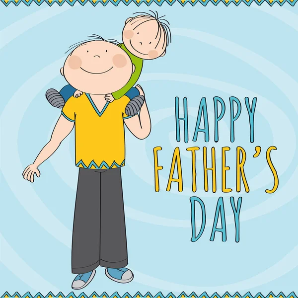 幸せな父の日 - 彼の肩に小さな子供、彼の娘を運ぶ幸せな笑顔の父. — ストックベクタ