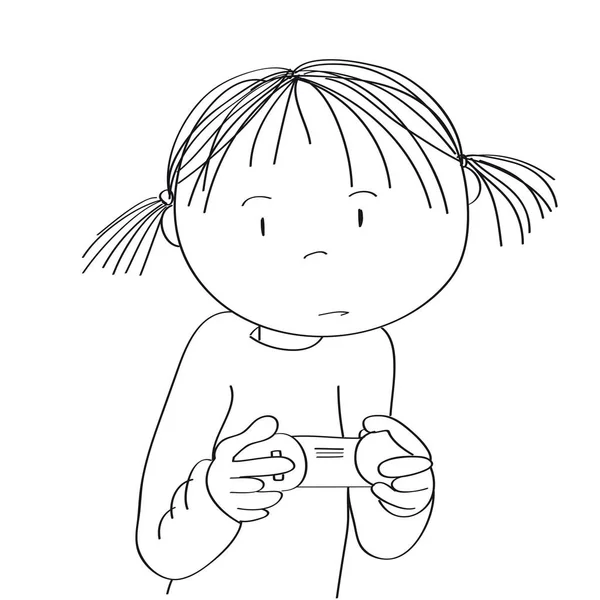 Маленька дівчинка грає у відеоігри на ігровій консолі, тримаючи джойстик, дуже зосереджений . — стоковий вектор