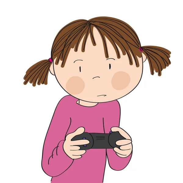 게임 콘솔에서 비디오 게임을하는 어린 소녀, 조이스틱을 들고, 매우 집중되고. — 스톡 벡터