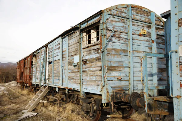 Terkedilmiş bir istasyonda eski tren vagonları 