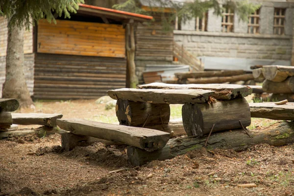 Picnic area in woodland with benches and tables. — Stock Photo, Image