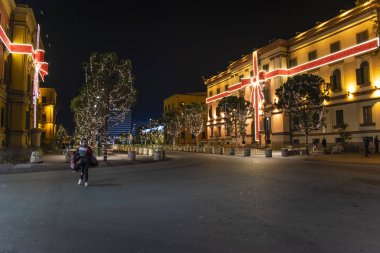 Kasım 2018 - Tiran, Arnavutluk. Şehir tatil dekorasyon Christams ve yeni yıl için. Hükümet binaları