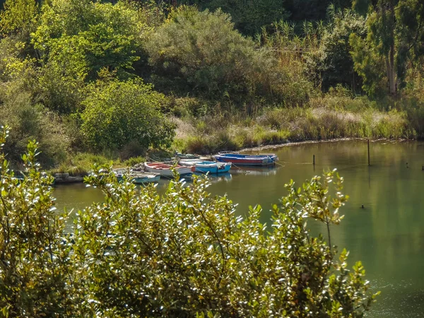 Lodě zakotvené na břehu jezera Butrint — Stock fotografie