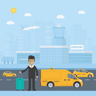 Makine sarı taksi sürücüsü şehir ile. Genel kamyon taksi hizmet anlayışı. Düz vektör çizim.