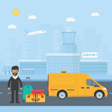 Makine sarı taksi sürücüsü şehir ile. Genel kamyon taksi hizmet anlayışı. Düz vektör çizim.