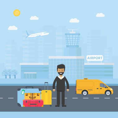 Makine sarı taksi sürücüsü şehir ile. Genel kamyon taksi hizmet anlayışı. Düz vektör çizim.