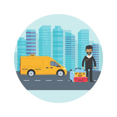 Makine sarı taksi sürücüsü şehir ile. Genel kamyon taksi hizmet anlayışı. Düz vektör çizim.
