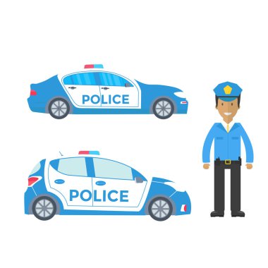Polis devriye polis arabası, polis memuru ile bir yolda. Polis üniforma, araca çatı ışıkları yanıp sönen ile. Düz vektör çizim.