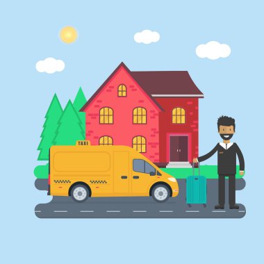 Makine sarı taksi sürücüsü şehir ile. Genel kamyon taksi hizmet anlayışı. Düz vektör çizim.
