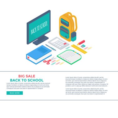 İzometrik 3d okul ile perde, sırt çantası, kalem, silgi, kitap, defter ve cetvel kümesi sağlar. Satılık arka plan ileti örneği ile okula vektör arka. Ofis aksesuarları. 