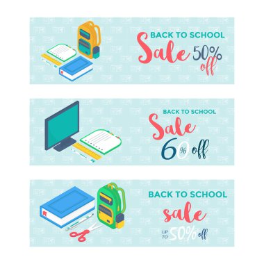 İzometrik 3d okul ile perde, sırt çantası, kalem, silgi, kitap, defter ve cetvel kümesi sağlar. Satılık arka plan ileti örneği ile okula vektör arka. Ofis aksesuarları. 