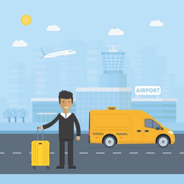 Makine sarı taksi sürücüsü şehir ile. Genel kamyon taksi hizmet anlayışı. Düz vektör çizim.