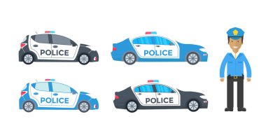 Polis devriye polis arabası, polis memuru ile bir yolda. Polis üniforma, araca çatı ışıkları yanıp sönen ile. Düz vektör çizim.