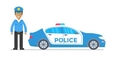 Polis devriye polis arabası, polis memuru ile bir yolda. Polis üniforma, araca çatı ışıkları yanıp sönen ile. Düz vektör çizim.