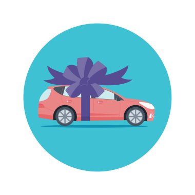 Poster kırmızı makine ve kurdele ile. Araba hediye kavramı veya sunumunu Oto Satılık, Kiralık. Düz vektör çizim.