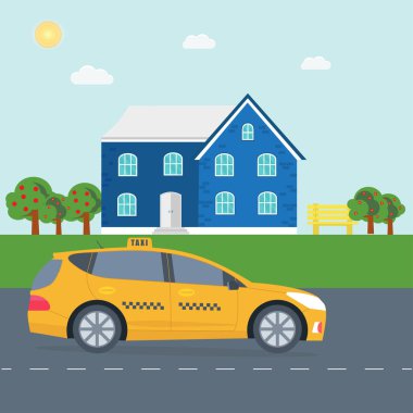 Poster şehrin makine sarı taksi ile. Genel taksi hizmet anlayışı. Cityscape arka planda. Düz vektör çizim.