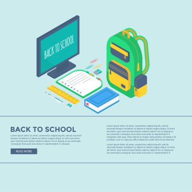İzometrik 3d okul ile perde, sırt çantası, kalem, silgi, kitap, defter ve cetvel kümesi sağlar. Satılık arka plan ileti örneği ile okula vektör arka. Ofis aksesuarları. 