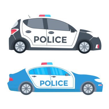 Polis devriye polis arabası ile bir yolda. araç çatı ışıkları yanıp sönen ile. Düz vektör çizim.