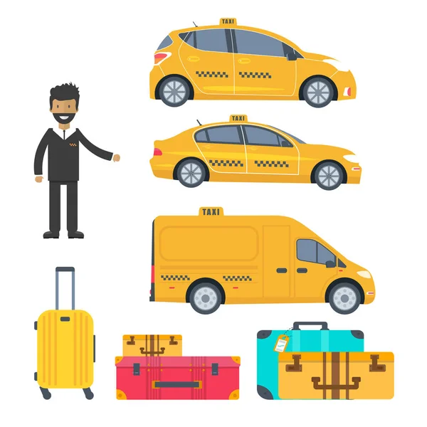 Farklı Makine Sarı Taksi Kamyon Sürücüsü Beyaz Arka Plan Üzerinde — Stok Vektör