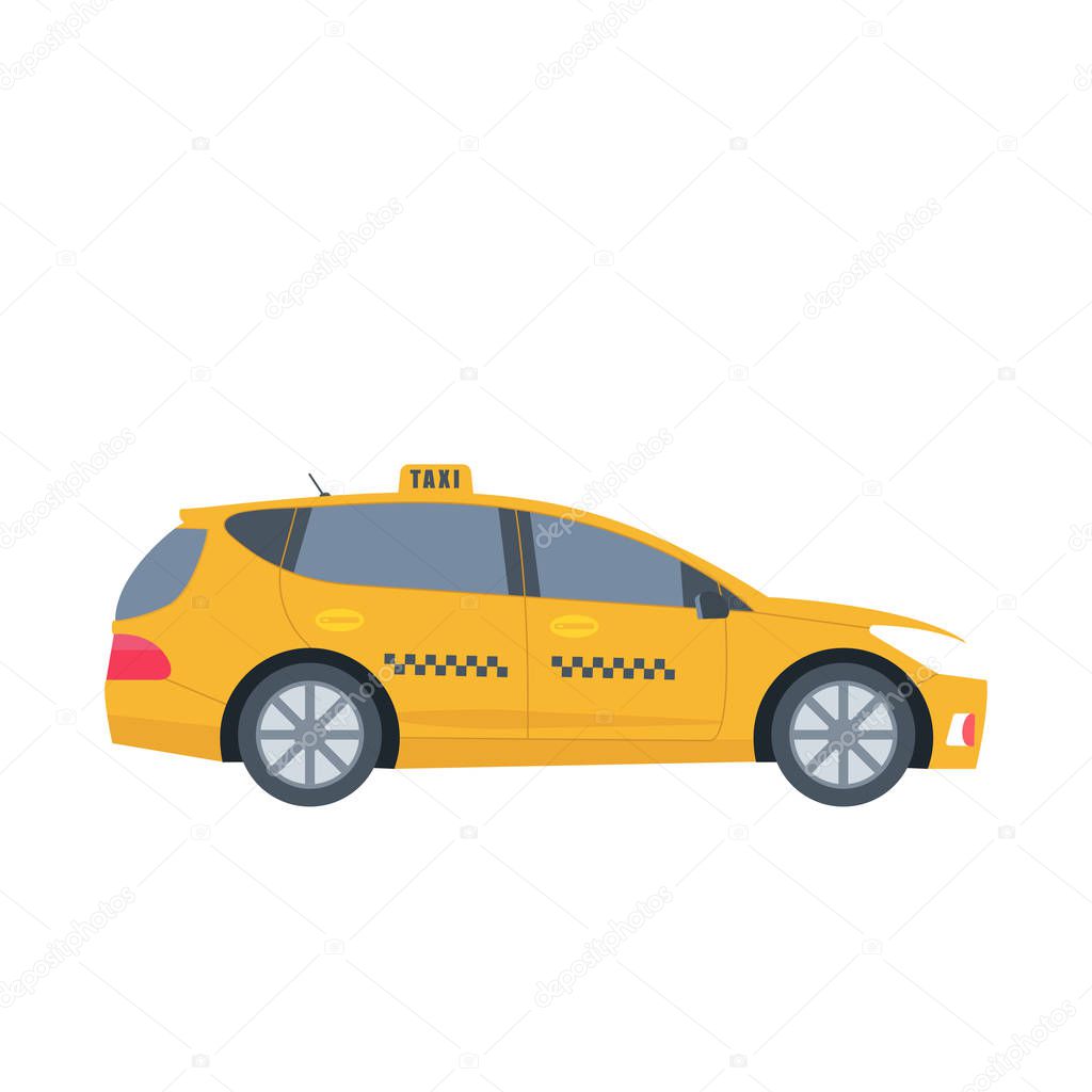 Poster with the machine yellow cab. Public taxi service concept. Isolated on white background. Flat vector illustration.