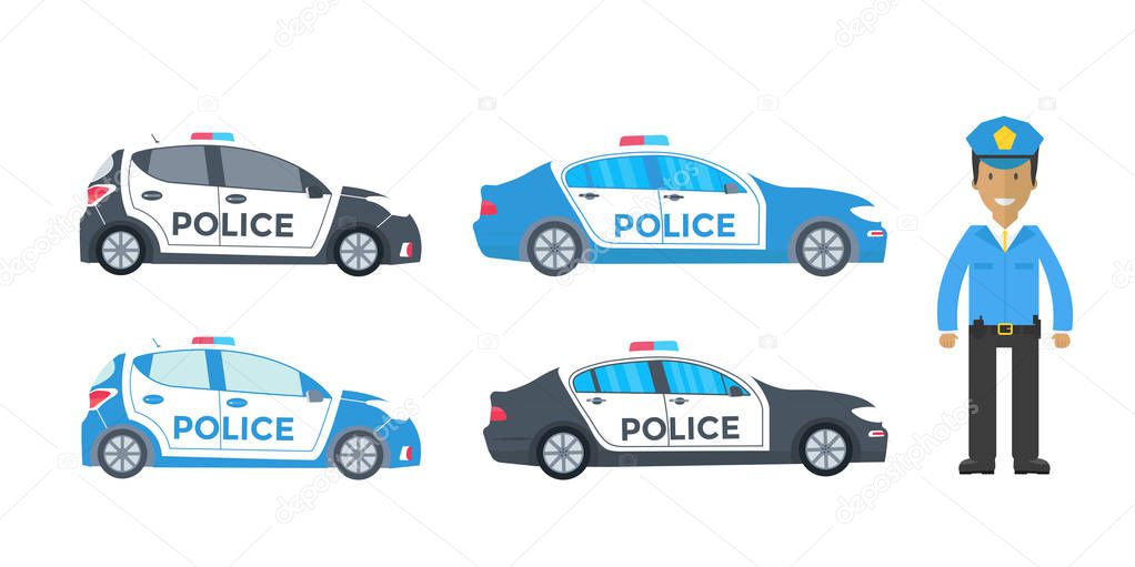 Police patrol on a road with police car, officer. Policeman in uniform,  vehicle with rooftop flashing lights. Flat vector illustration.