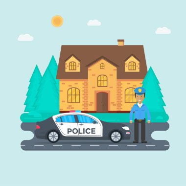 Yol ve ülke ev zemin üzerine polis devriye. Düz vektör çizim.