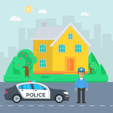 Yol ve sarı ev zemin üzerine polis devriye. Düz vektör çizim.