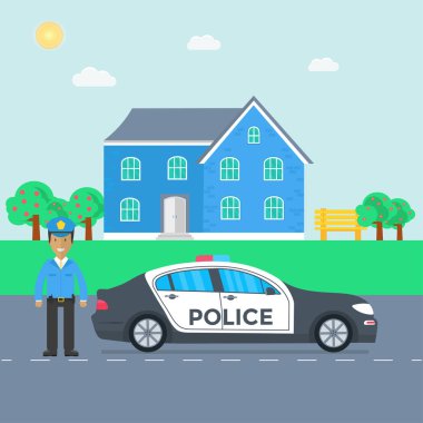 Yol ve mavi ev arka plan üzerinde polis devriye. Düz vektör çizim.