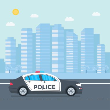 Arka plan üzerinde gökdelenler ile polis devriye arabası şehir yolda. Düz vektör çizim.