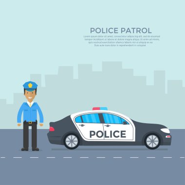 Polis arabası ve memur bey, arka plan üzerinde gökdelenler ile yolda polis devriye. Düz vektör çizim.